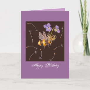 bumblebee with violets birthday greeting card