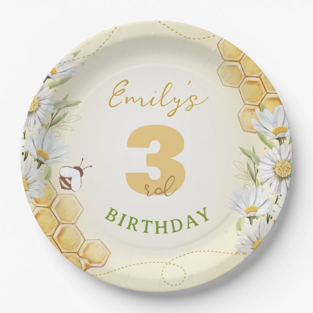 Bumblebee Yellow Children's Birthday Party Daisy Paper Plates (Front)