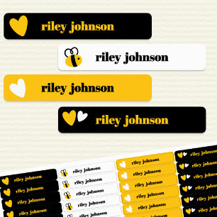 Bumblebee & Yellow Hearts Kids Name Waterproof Labels