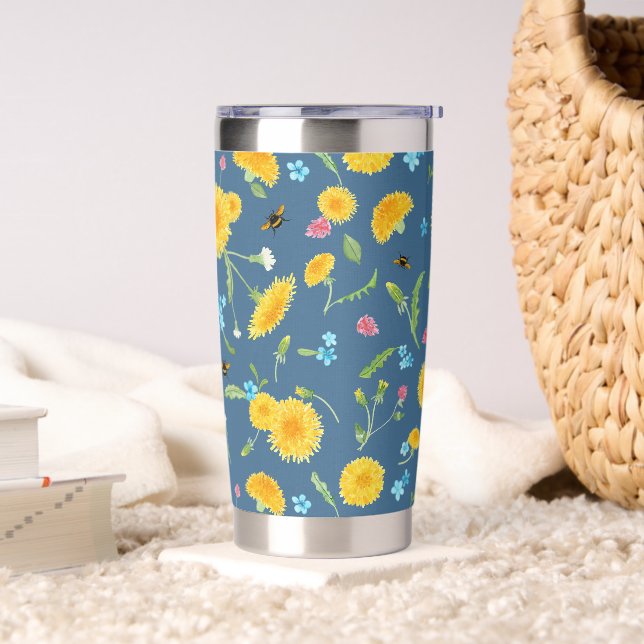 Bumblebees and Dandelions on Blue Insulated Tumbler (Living Room)