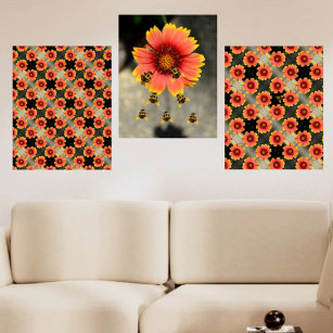 Bumblebees and Gaillardia Flowers Boho Chic Wall Art Sets