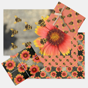 Bumblebees and Gaillardia Flowers Orange Wrapping Paper Sheets