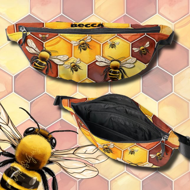Bumblebees and Honeycomb Pattern  Fanny Pack (Bee lovers fanny pack you can personalize in honeycomb pattern with bumble bees. )