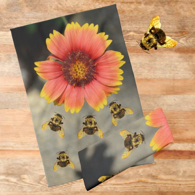 Bumblebees and Orange Gaillardia Sunflower Floral Kitchen Towel (Creator Uploaded)