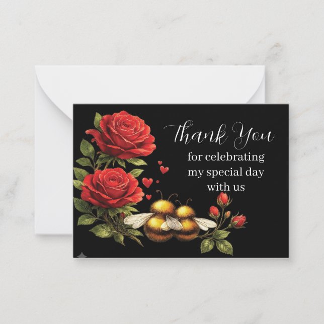 Bumblebees and Red Roses Thank You Note Card (Front)