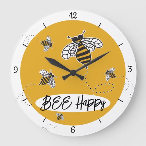 Bumblebees Bee Happy Modern Yellow Black White Large Clock