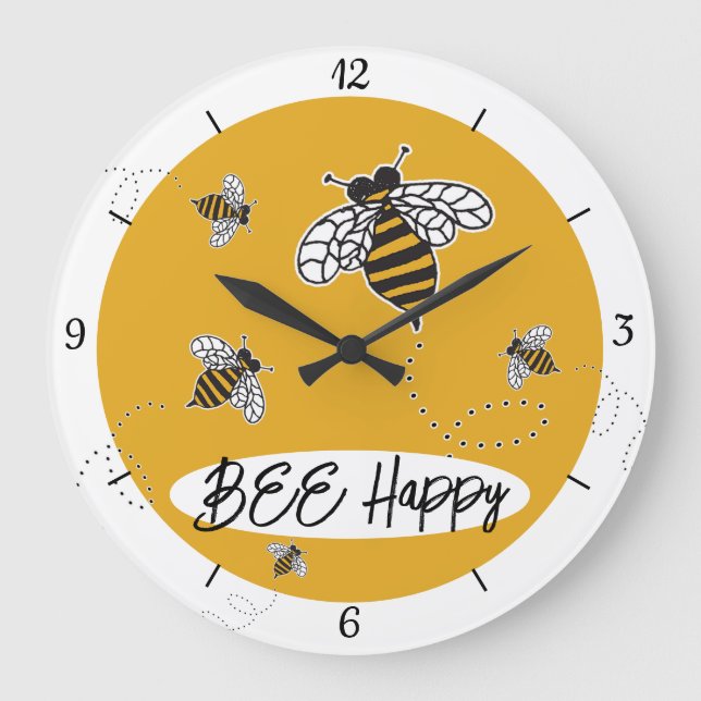 Bumblebees Bee Happy Modern Yellow Black White Large Clock (Front)