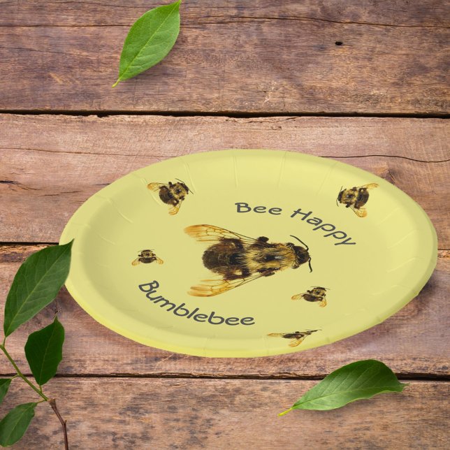 Bumblebees Bee Happy Yellow Paper Plates (Creator Uploaded)