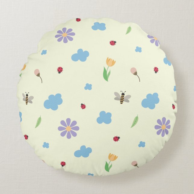 Bumblebees, Ladybugs & Wildflowers Pattern Round Pillow (Front)