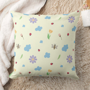 Bumblebees, Ladybugs & Wildflowers Pattern Throw Pillow