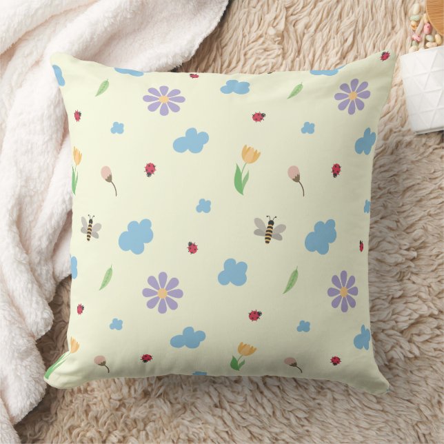 Bumblebees, Ladybugs & Wildflowers Pattern Throw Pillow (Blanket)