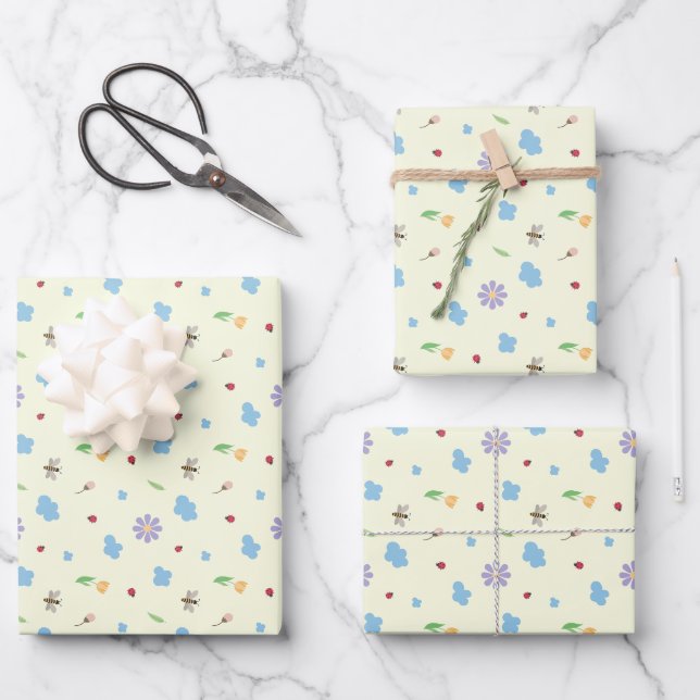 Bumblebees, Ladybugs & Wildflowers Pattern Wrapping Paper Sheets (Front)