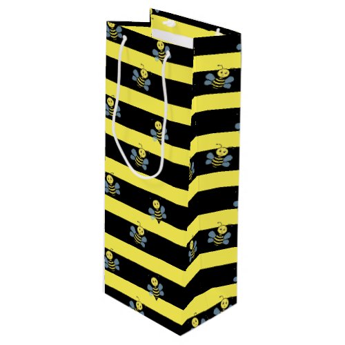 Bumblebees on Black Yellow Striped Wine Gift Bag