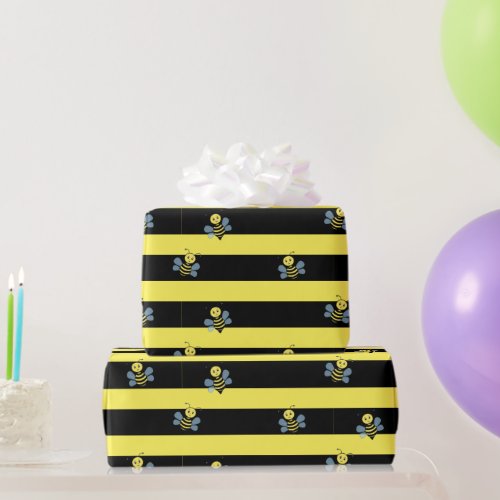 Bumblebees on Black Yellow Striped Wrapping Paper