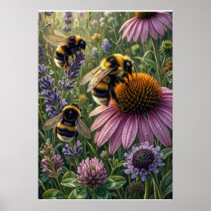 Bumblebees On Coneflowers Pollinator Botanical Fle Poster