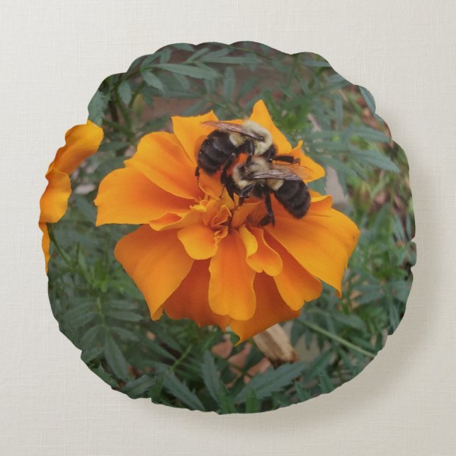Bumblebees on Marigold Flower Round Pillow (Front)