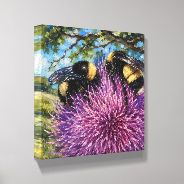 Bumblebees on Thistle Canvas Print Photo Tile (Angled)