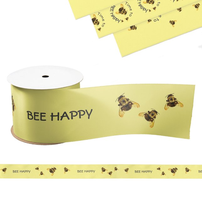 Bumblebees Time to BEE Happy Yellow Satin Ribbon (Creator Uploaded)