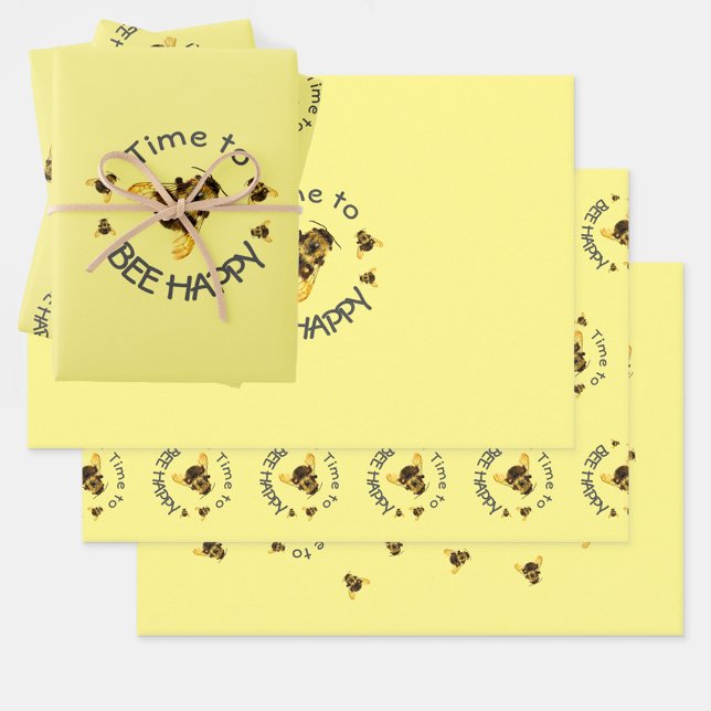 Bumblebees Time to BEE Happy Yellow Wrapping Paper Sheets (Creator Uploaded)