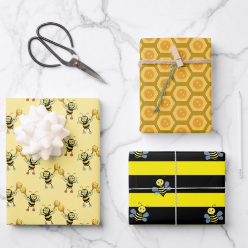 Bumblebees with heart  honeycomb pattern wrapping wrapping paper sheets