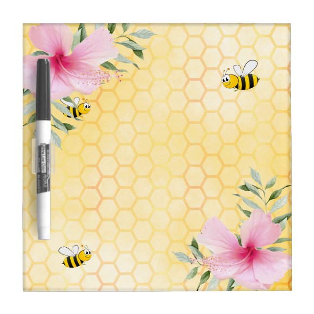 Bumblebees yellow florals tropical pink dry erase board (Front)