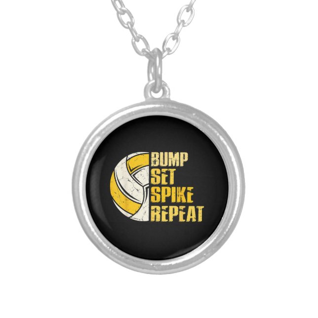 Bump Set Spike Repeat Volleyball Funny Silver Plated Necklace (Front)