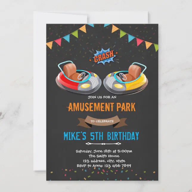 Bumper cars amusement park invitation | Zazzle