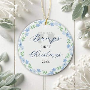 Bump's First Christmas Footprints Blue Holiday  Ceramic Ornament