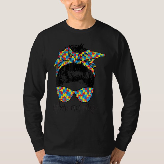 Bun Hair Sunglasses Camouflage Autism Awareness T-Shirt (Front)