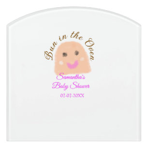 Bun in the oven beige dumpling baby shower pink br door sign