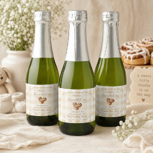 Bun in the Oven Beige Gingham Baby Shower Sparkling Wine Label