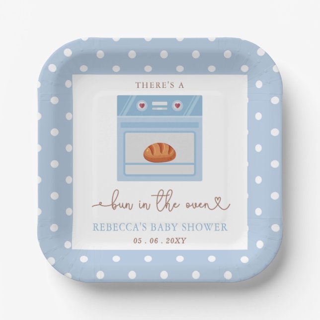 Bun In The Oven Blue Baby Boy Baby Shower Paper Plates (Front)