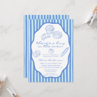 Bun in the oven blue pinstripes Baby Shower Invitation