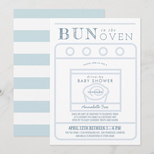 Bun in the Oven Boy Blue Drive-by Baby Shower Invitation (Front/Back)