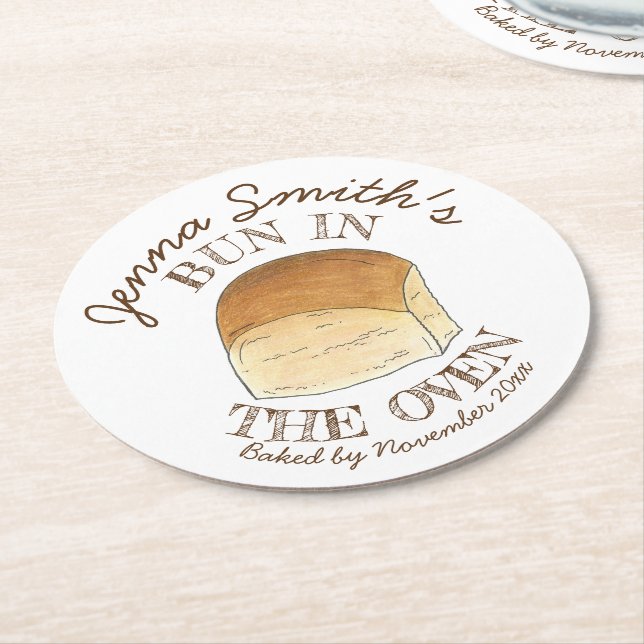 Bun in The Oven Bread Dinner Roll Baby Shower Round Paper Coaster (Angled)