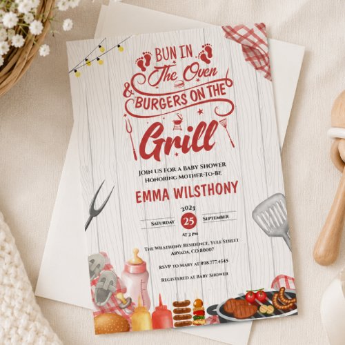 Bun in The Oven & Burgers Grill Baby Shower Girl Invitation