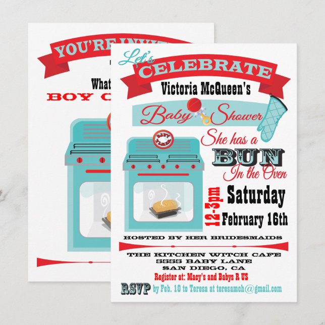 "Bun in the oven" Gender Reveal Baby Shower Invite (Front/Back)