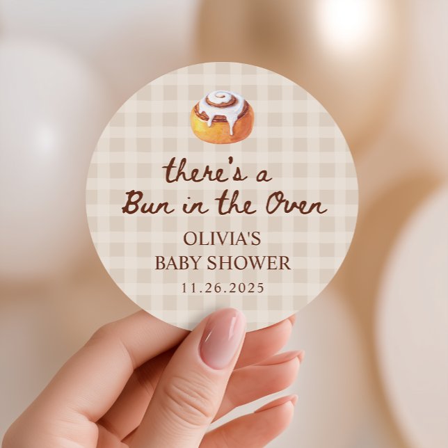 Bun in the Oven Gingham Bakery Baby Shower Favor Classic Round Sticker (Creator Uploaded)