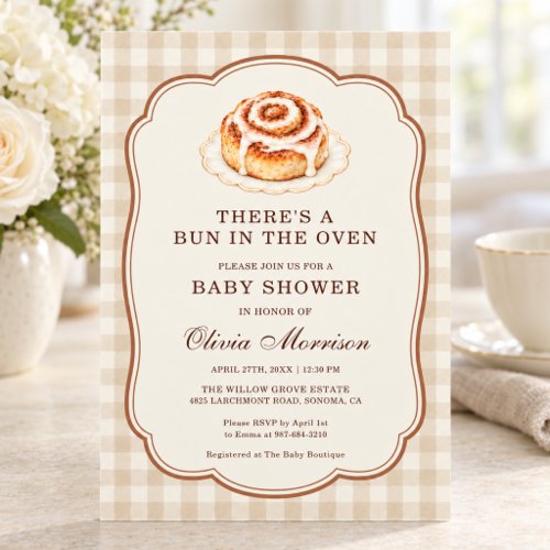 Bun in the Oven Neutral Gingham or plaid baby shower invitation
