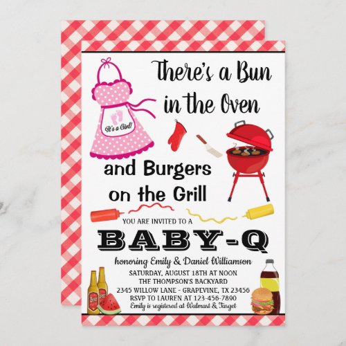 Bun In The Oven Girl Barbecue Baby Shower Invitation