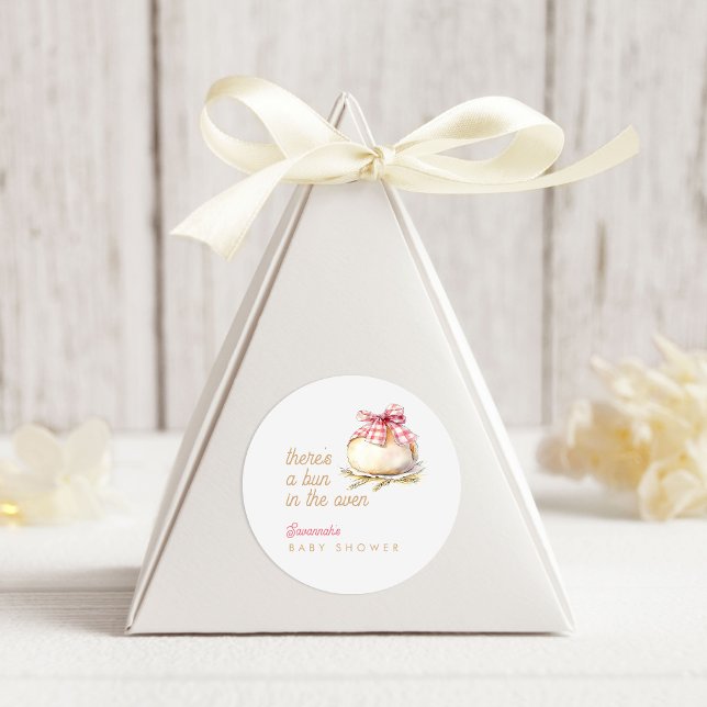 Bun In The Oven Pink Gingham Bow Baby Shower Classic Round Sticker (Creator Uploaded)