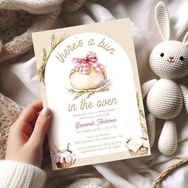 Bun In The Oven Pink Gingham Bow Baby Shower Invitation (Creator Uploaded)