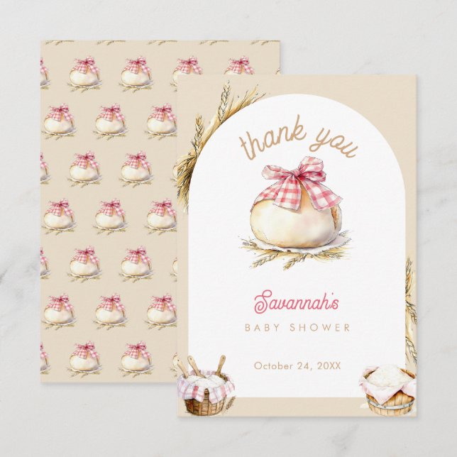 Bun In The Oven Pink Gingham Bow Baby Shower Thank You Card (Front/Back)