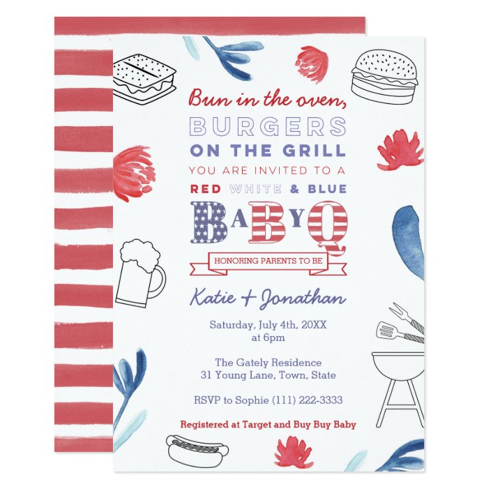 Bun In The Oven Red White Blue Couples Baby Shower Invitation