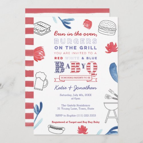 Bun in the Oven Red White Blue Couples Baby Shower Invitation