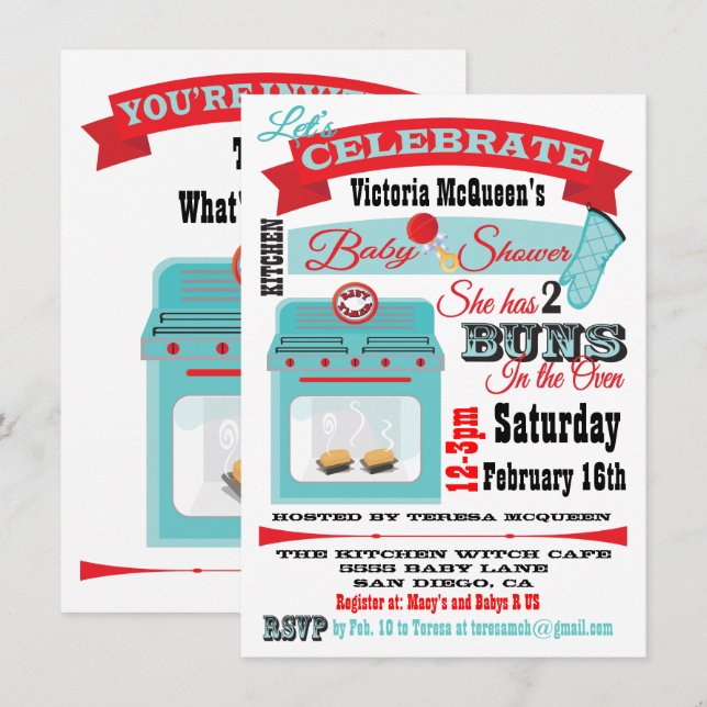 "Bun in the oven" Twins Baby Shower Invitations (Front/Back)