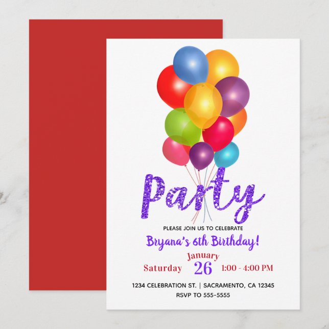 Bunch of Balloons Birthday Party Purple Glitter Invitation (Front/Back)