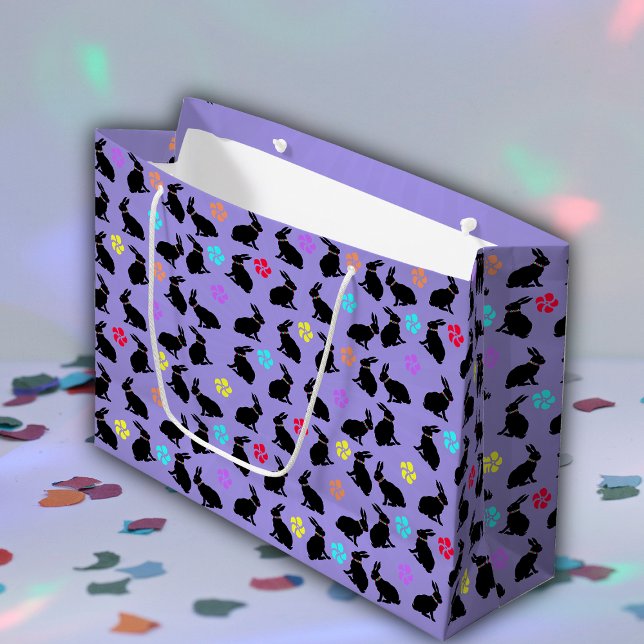 Bunch of Black Silhouette Rabbits Flowers Purple Large Gift Bag (Black sitting rabbits and colourful flowers on purple gift bag for Easter or spring time.)