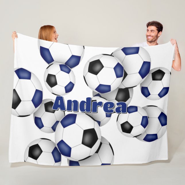 bunch of blue black soccer balls girls boys fleece blanket (In Situ)