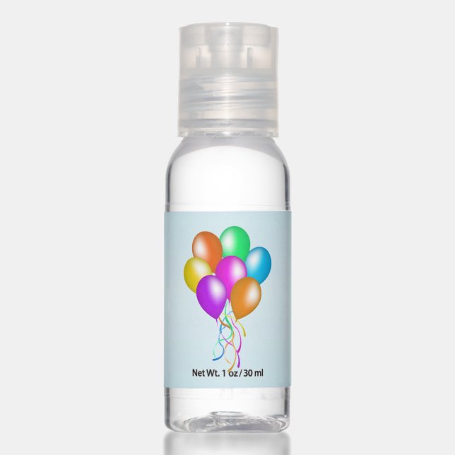 Bunch of Colorful Festive Balloons Streamers Blue Hand Sanitizer (Front)